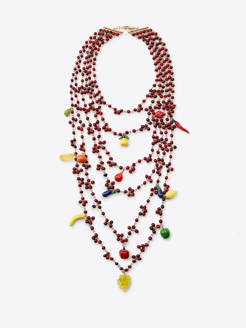 Multi-Strand Red Beaded Fruit Charm Necklace